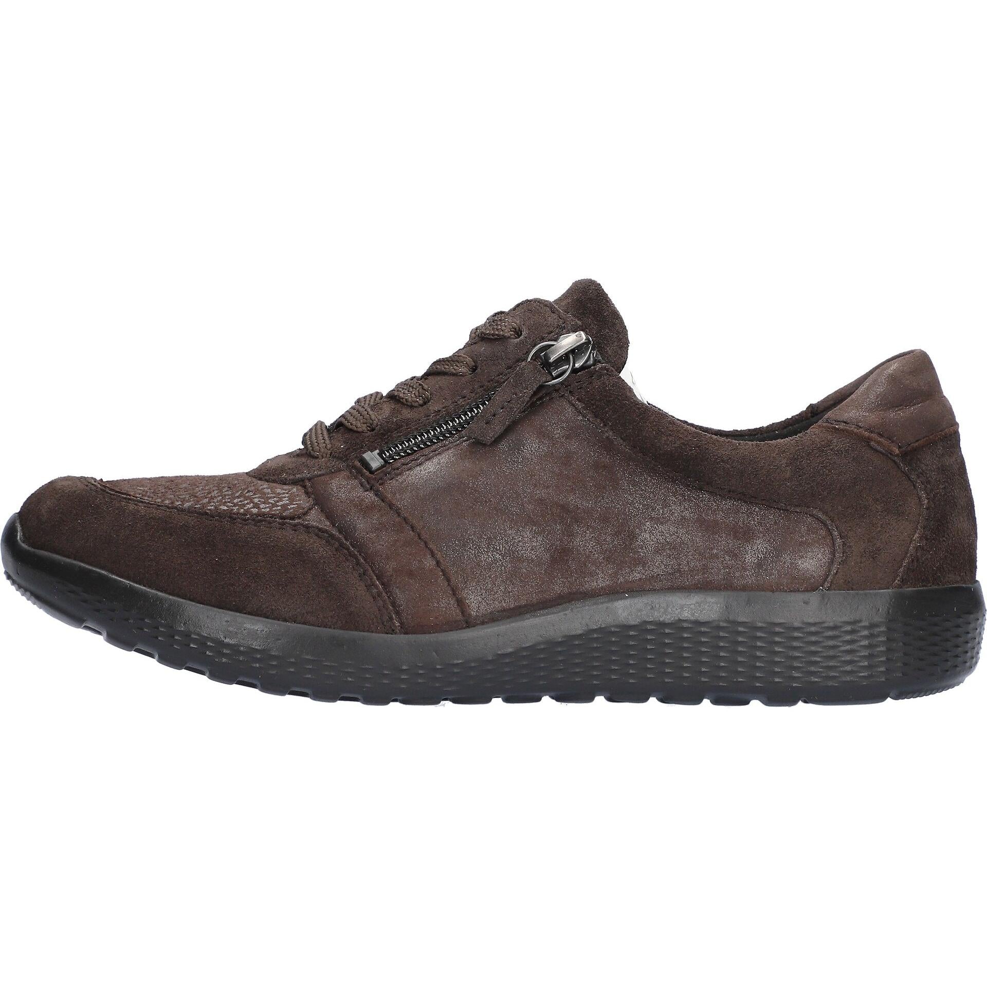 Waldlaufer 815M01 417 166 M-Ira women's Wide Brown Leather Stretch Arch Support Zip & Lace Trainers, front three-quarter.