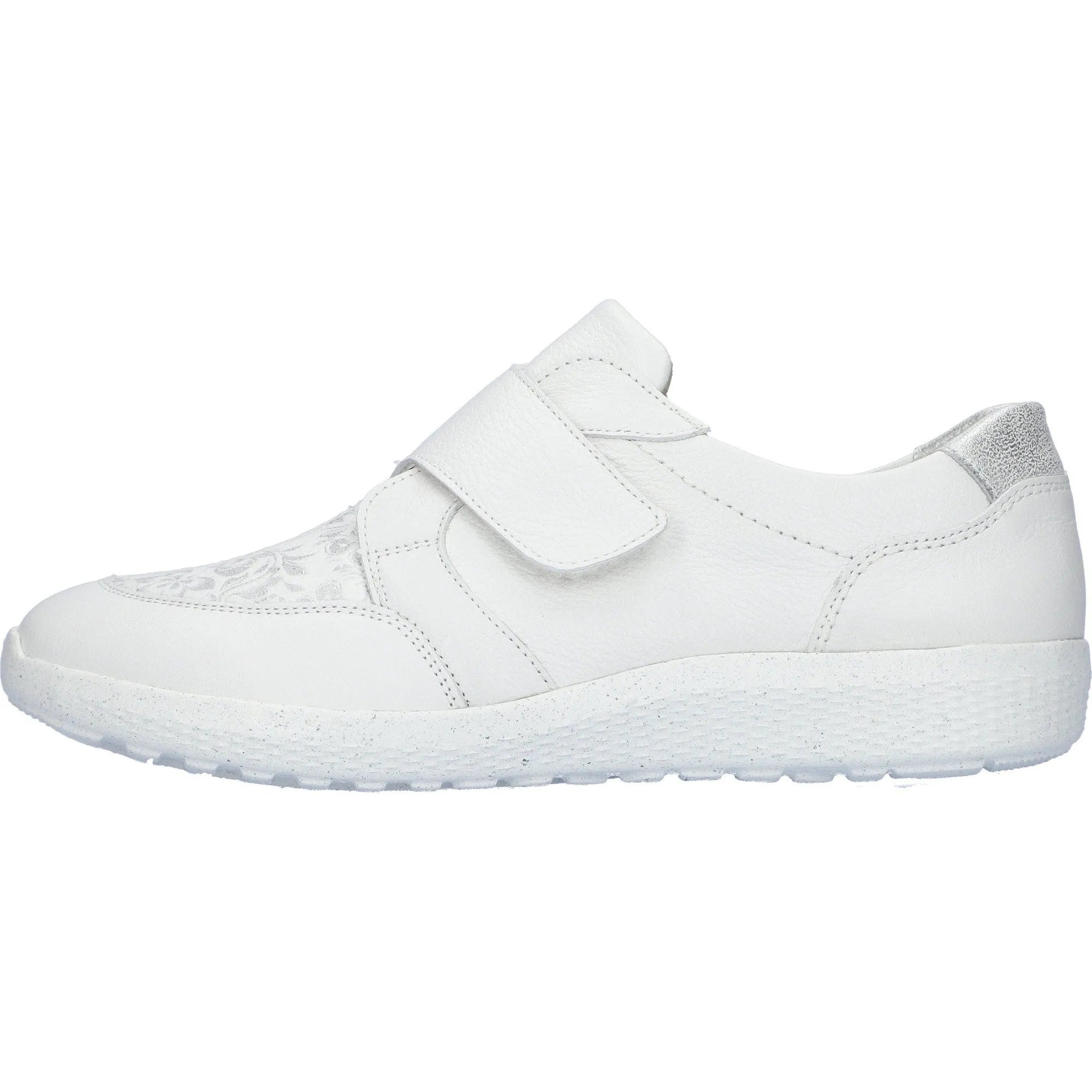 Waldlaufer 815M32 303 663 M-Ira women's wide white leather trainers with silver accents and touch fastening.