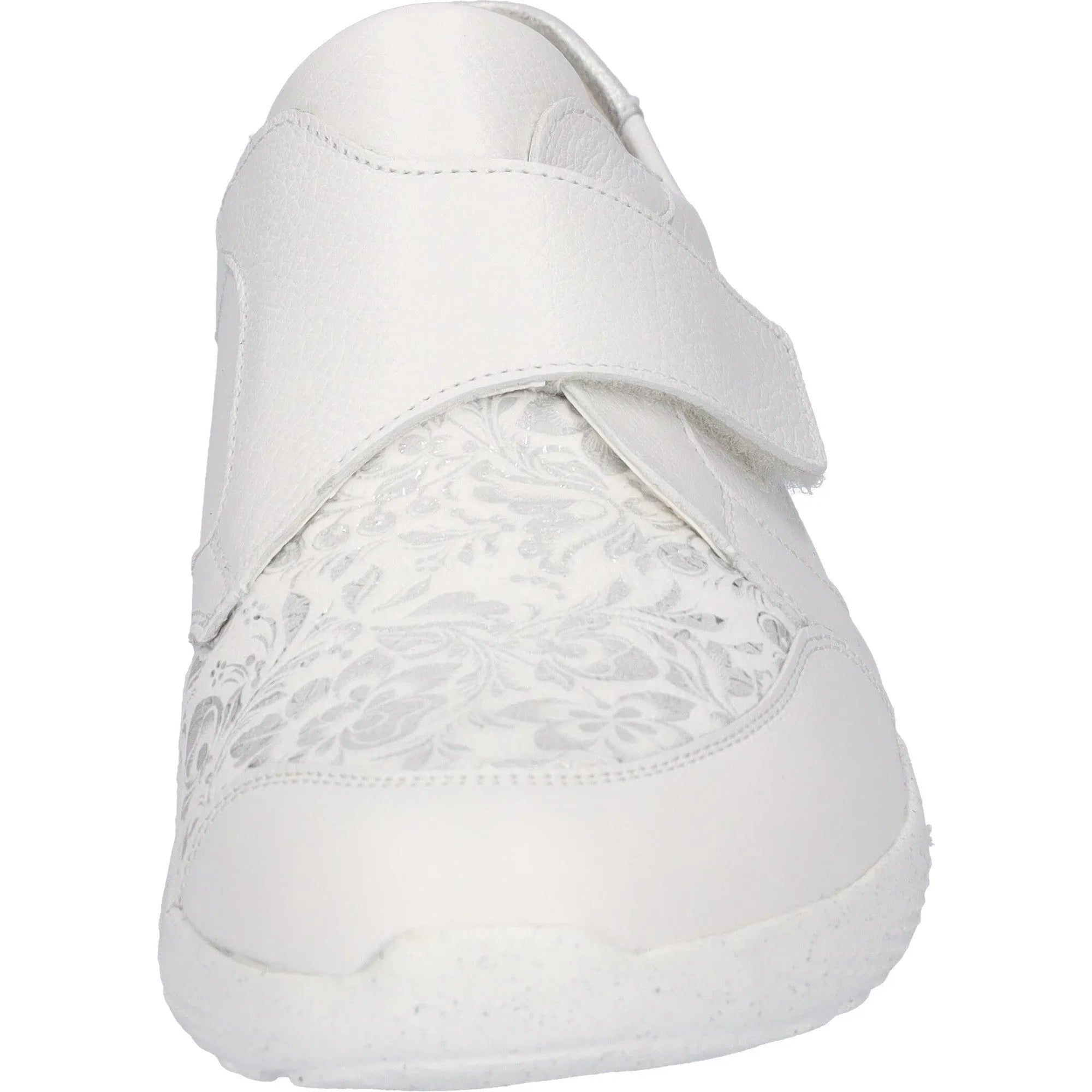 Waldlaufer M-Ira Soft women's wide white leather trainers with silver accents, arch support, touch fastening, and floral design.