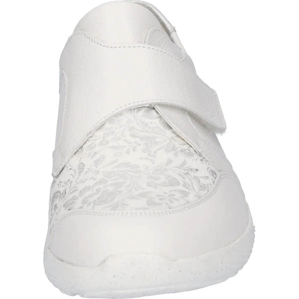 Waldlaufer M-Ira Soft women's wide white leather trainers with silver accents, arch support, touch fastening, and floral design.