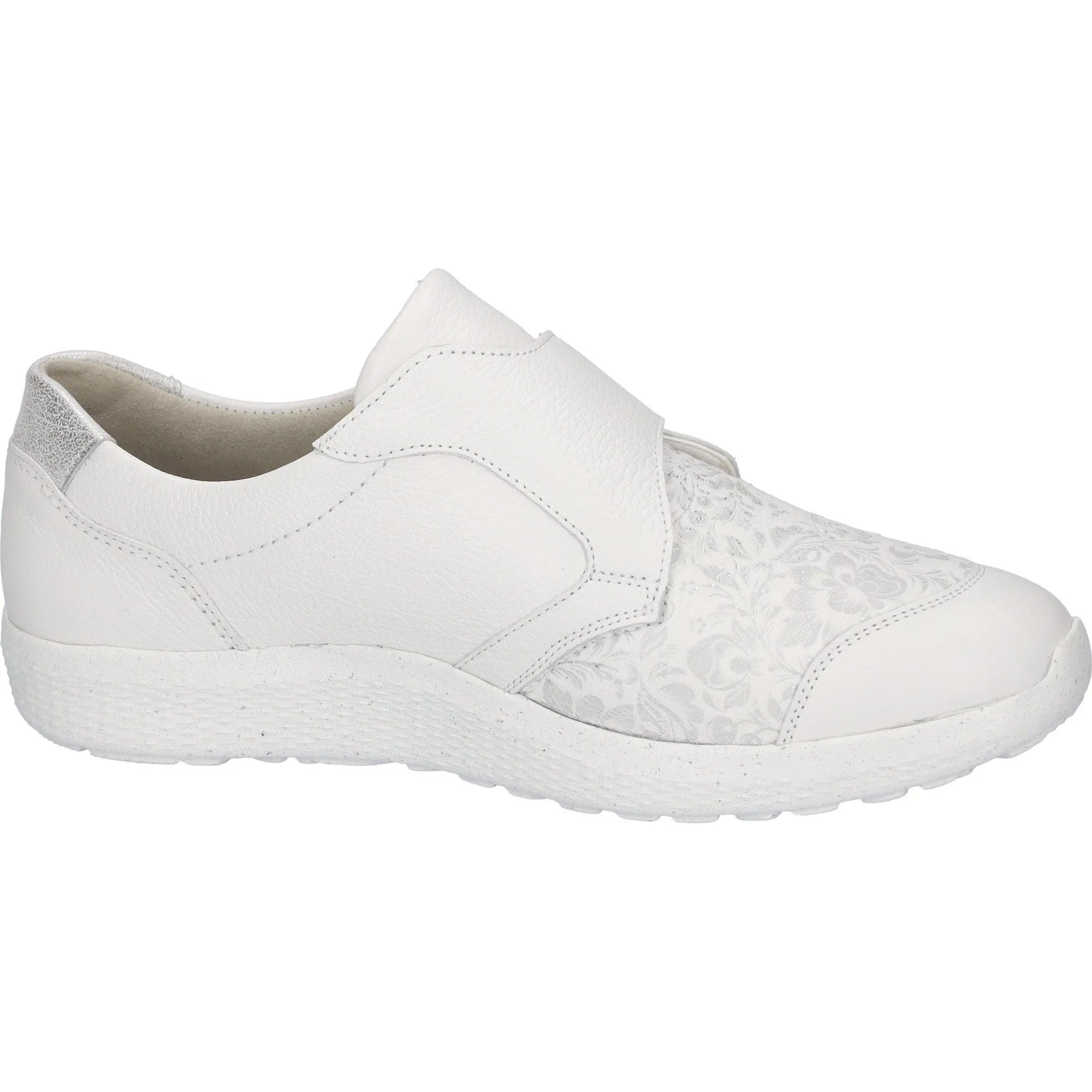 Waldlaufer 815M32 303 663 M-Ira Soft women's white and silver leather trainer with arch support and touch fastening.