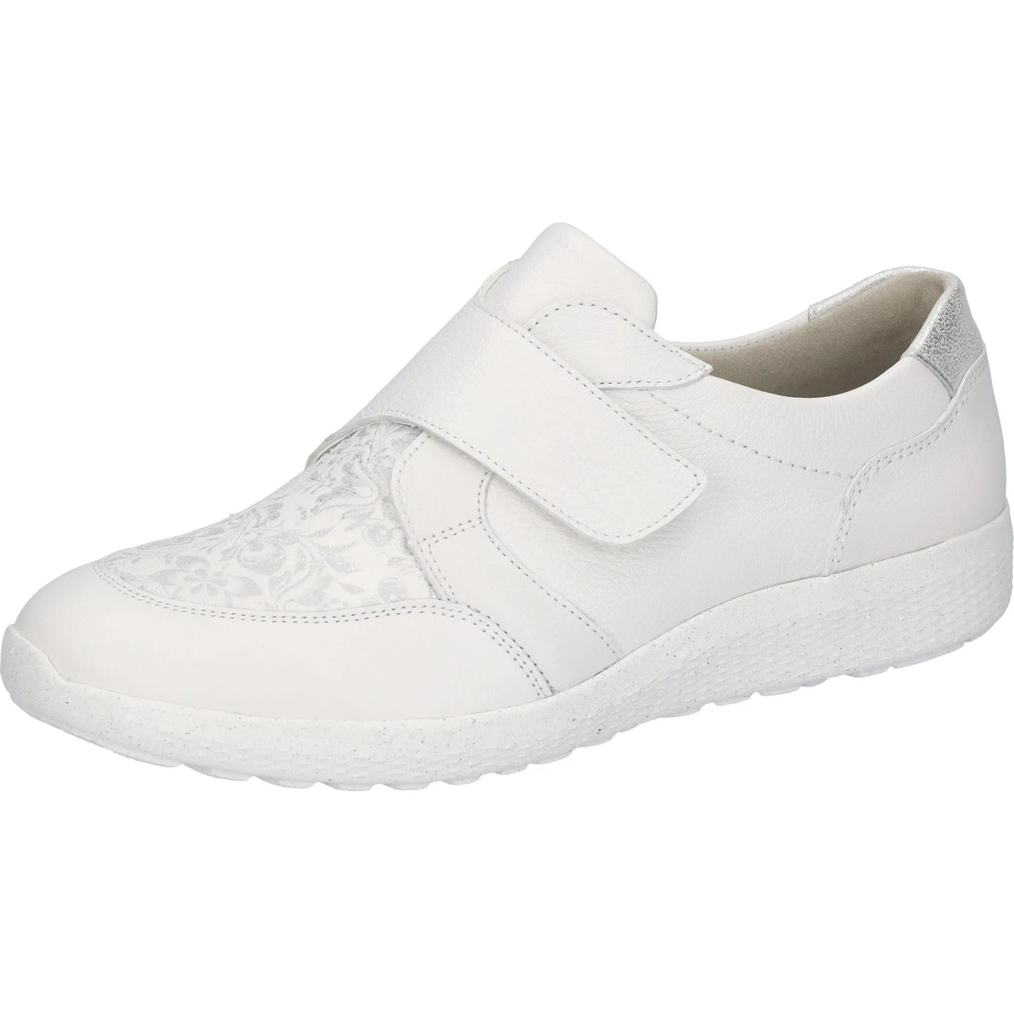 Waldlaufer 815M32 303 663 M-Ira women's wide white leather trainers with silver accents, arch support, and touch fastening.