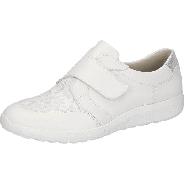 Waldlaufer 815M32 303 663 M-Ira women's wide white leather trainers with silver accents, arch support, and touch fastening.