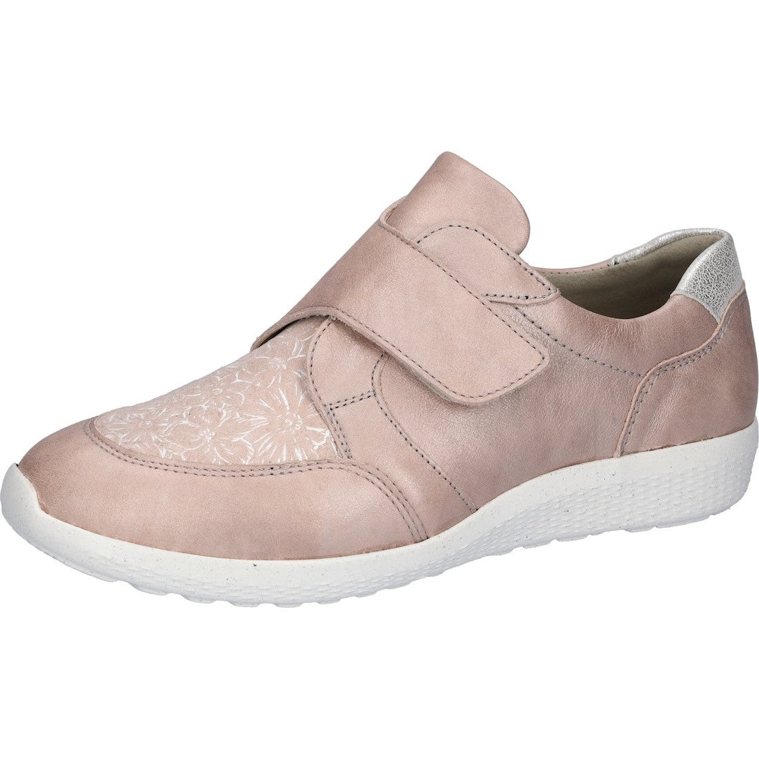 Waldlaufer M-Ira Soft Ladies Wide Apricot Leather Touch Fastening Trainers with arch support and floral design detail.