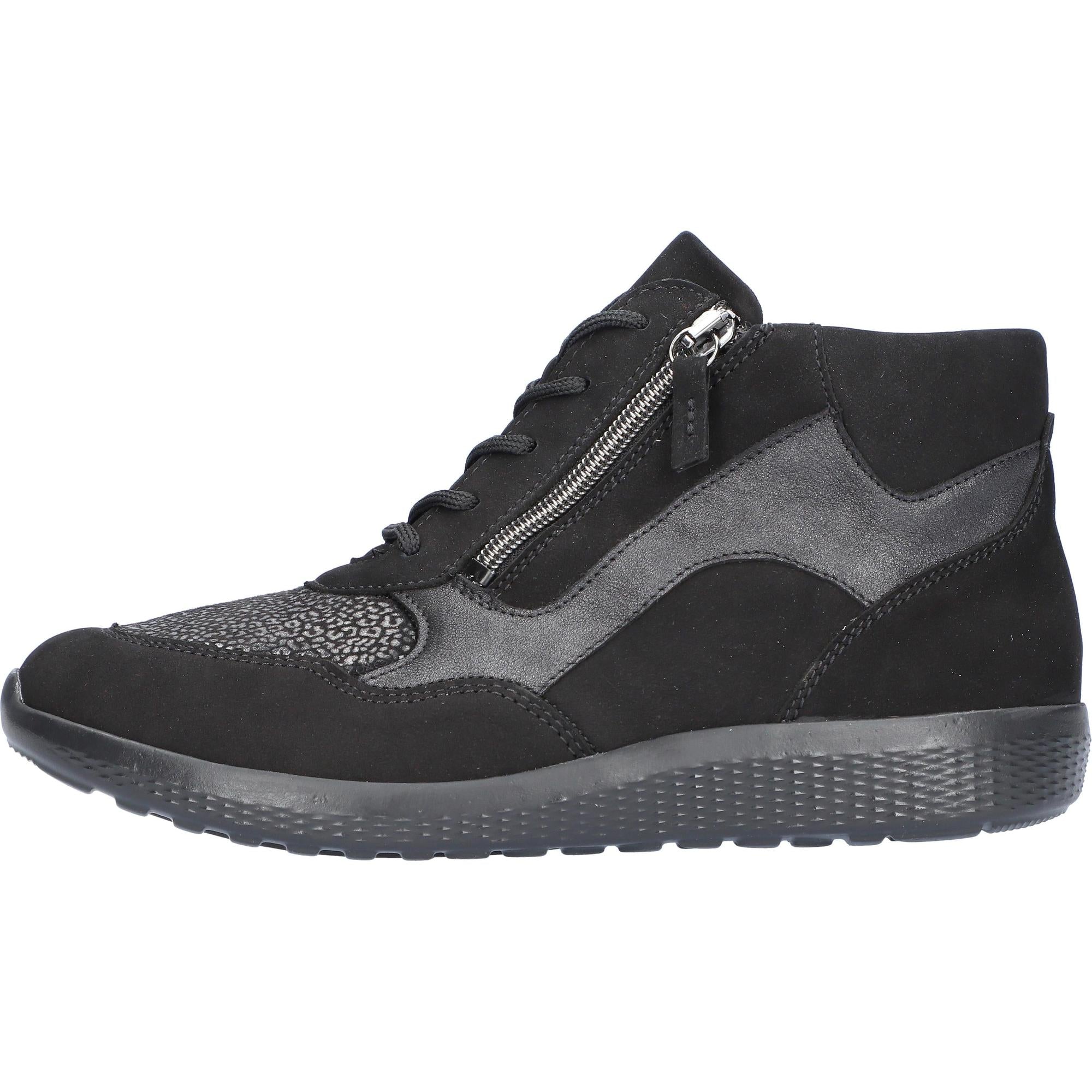 Waldlaufer 815M80 304 001 women's wide black leather and textile arch support ankle trainers with zipper and lace closure.