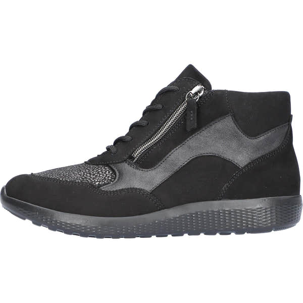 Waldlaufer 815M80 304 001 women's wide black leather and textile arch support ankle trainers with zipper and lace closure.