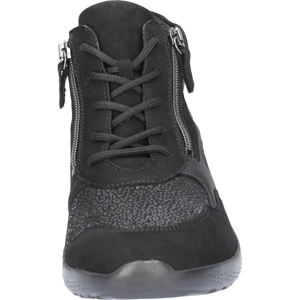 Waldlaufer M-ira women's wide black leather and textile ankle trainers with arch support, zip and lace fastening.