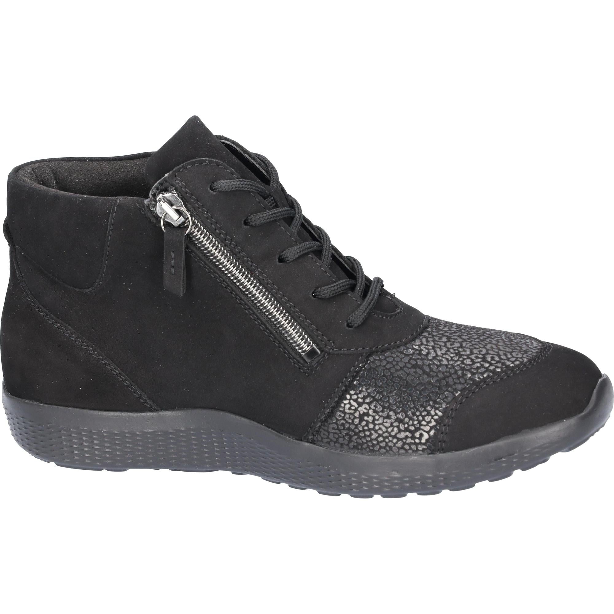 Waldlaufer M-Ira women's wide black leather and textile ankle trainers with zip and lace fastening, featuring arch support and a textured toe cap.