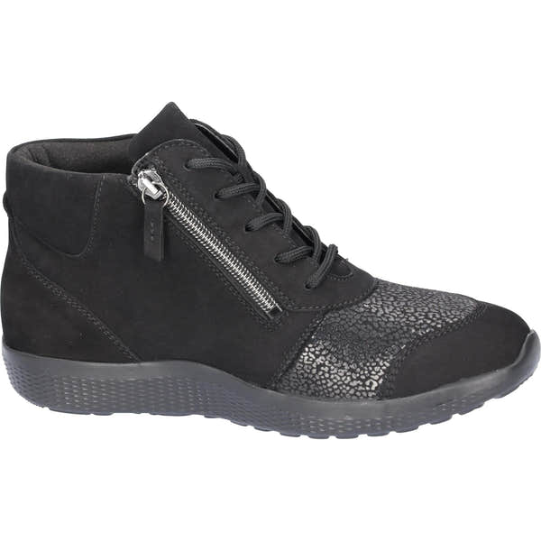 Waldlaufer M-Ira women's wide black leather and textile ankle trainers with zip and lace fastening, featuring arch support and a textured toe cap.