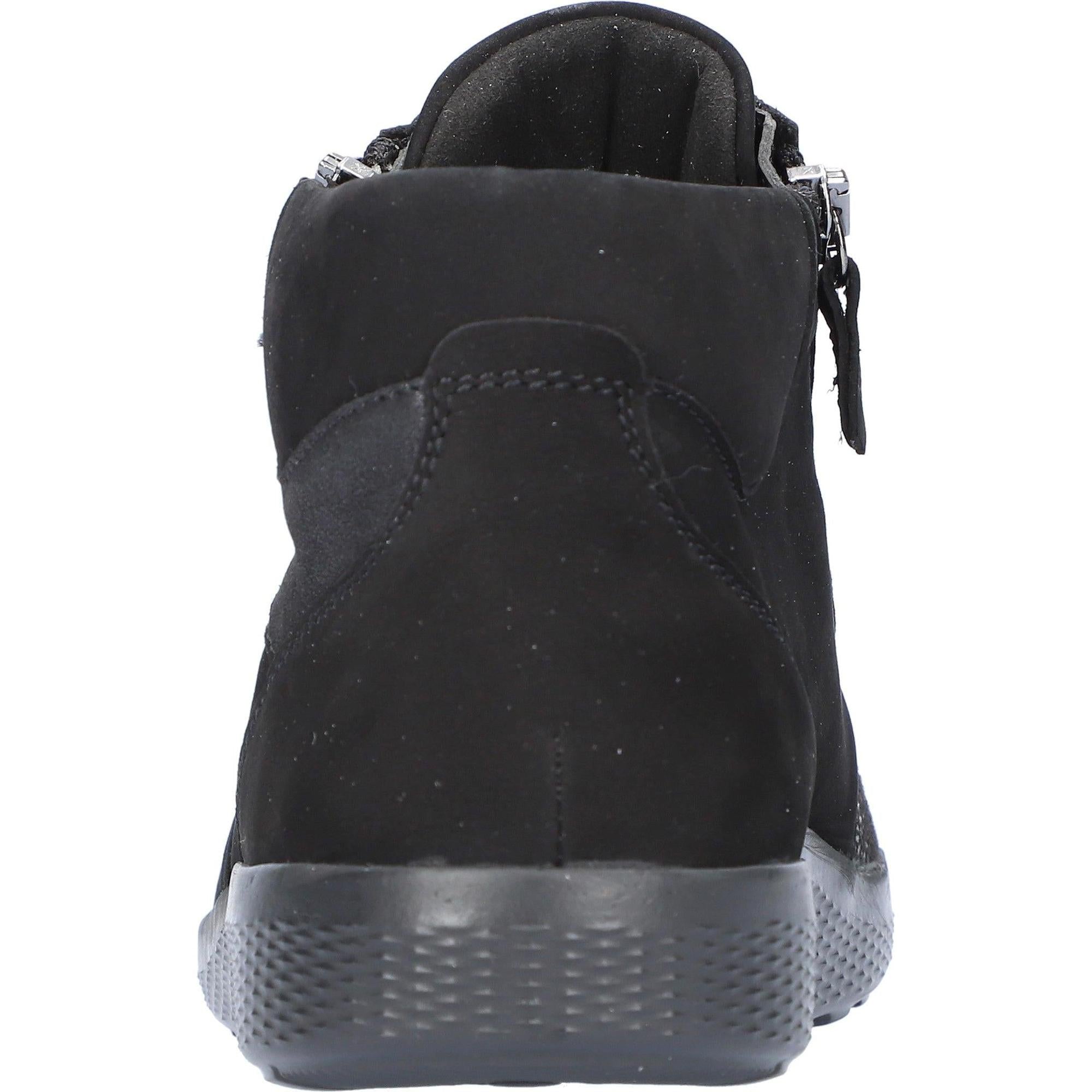 Waldlaufer 815M80 Ladies black leather and textile arch support ankle trainers with zip and lace closure.