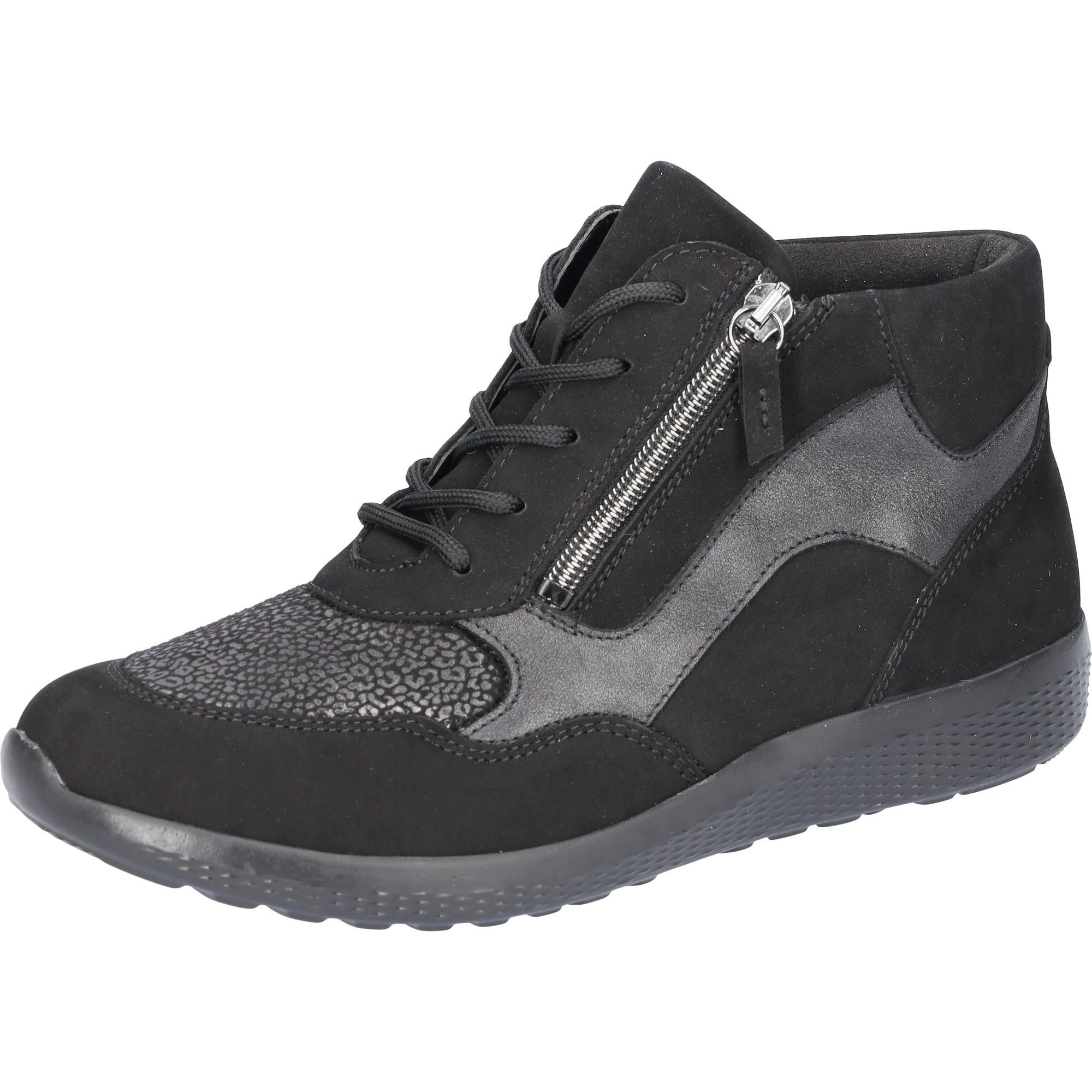 Waldlaufer 815M80 women's black leather and textile ankle trainers with zip, lace-up closure, arch support, and wide fit.