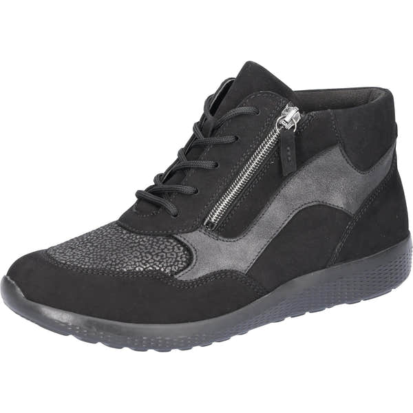 Waldlaufer 815M80 women's black leather and textile ankle trainers with zip, lace-up closure, arch support, and wide fit.
