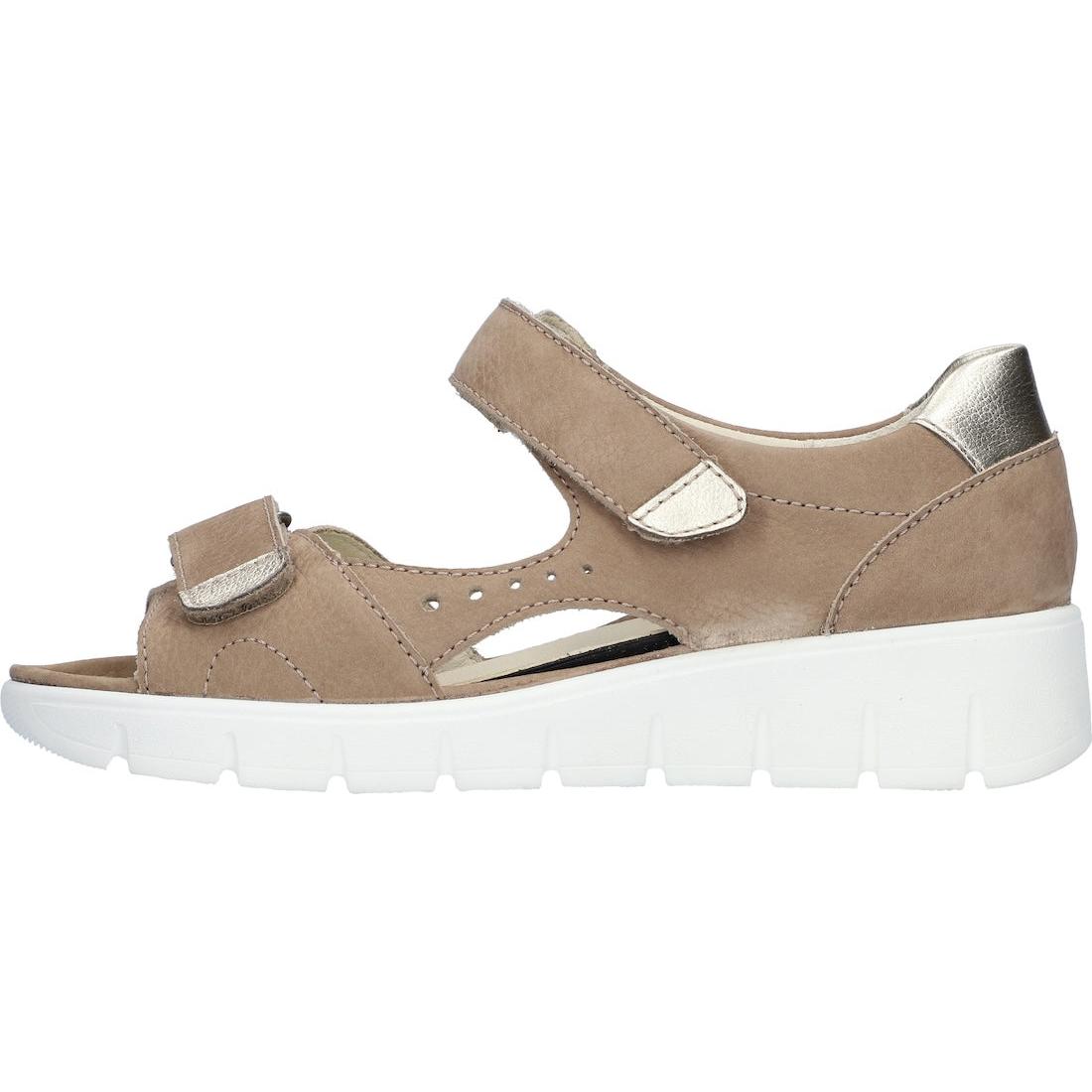 Waldlaufer 870801 Ladies Wide Brown Leather Arch Support Touch Fastening Sandals with cushioned sole and metallic accents.