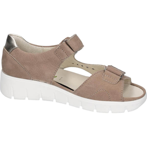 Waldlaufer 870801 200 090 M-Wiola women's wide brown leather arch support sandals with touch fastening straps and white sole.