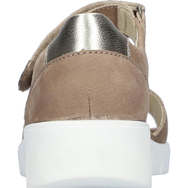 Waldlaufer Women's Wide Brown Leather Arch Support Sandals with Touch Fastening and Metallic Heel Detail