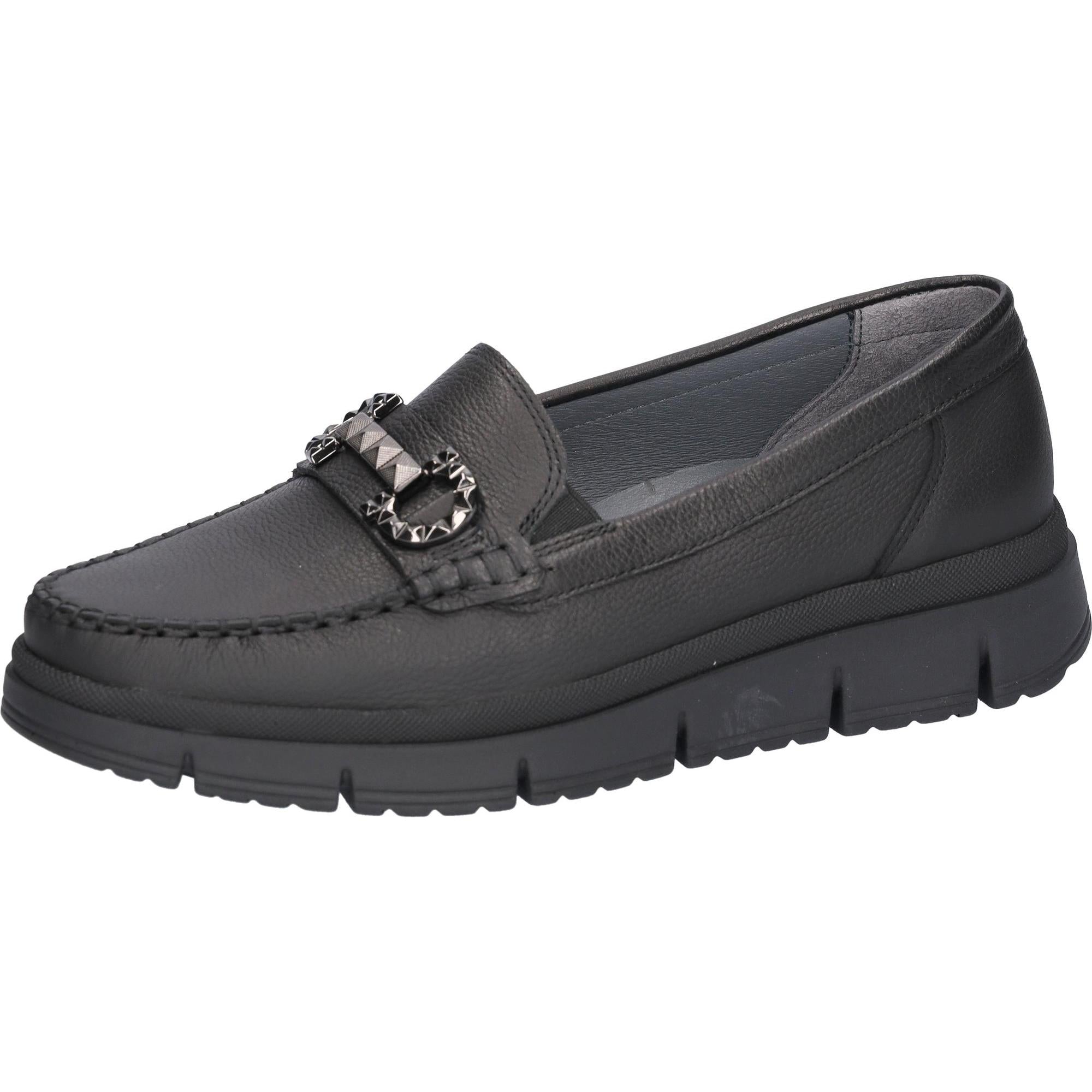 Waldlaufer H-Pina women's wide black leather slip-on shoes with arch support and decorative metal buckle.
