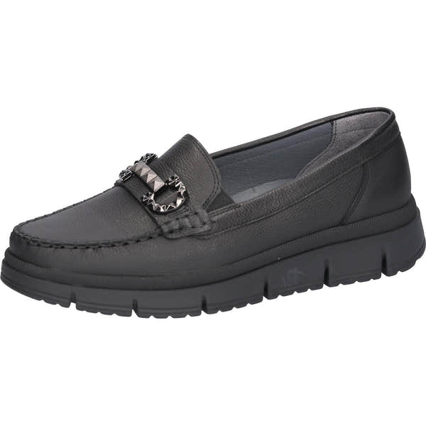 Waldlaufer H-Pina women's wide black leather slip-on shoes with arch support and decorative metal buckle.