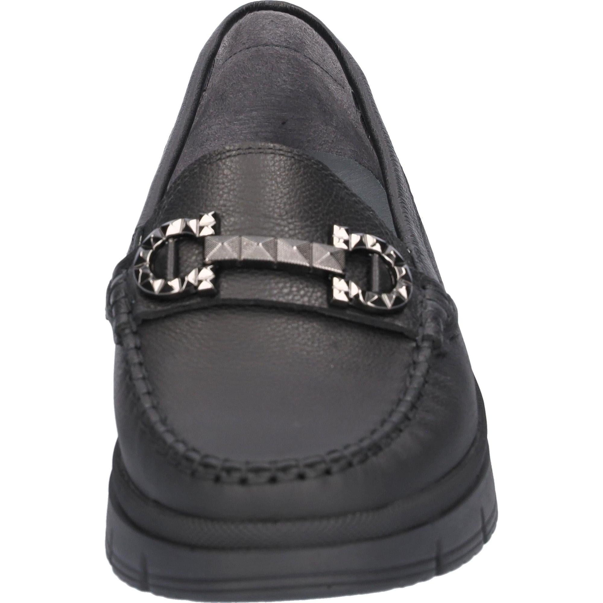 Waldlaufer H-Pina women's black leather slip-on shoes with wide fit and arch support, featuring metal studded decoration.