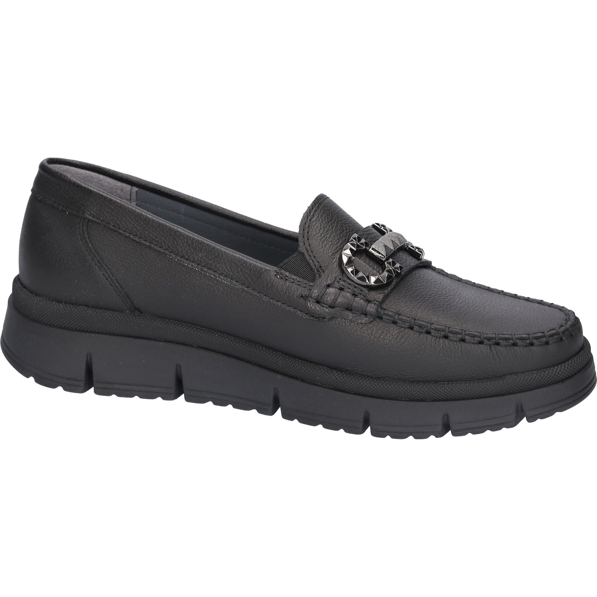 Waldlaufer H-Pina women's black leather slip-on shoes with wide fit and arch support, featuring a decorative hardware detail.