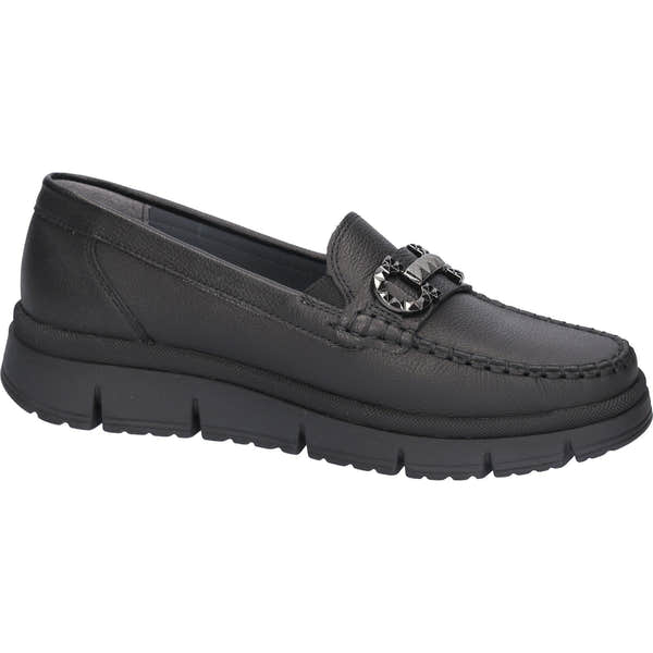 Waldlaufer H-Pina women's black leather slip-on shoes with wide fit and arch support, featuring a decorative hardware detail.