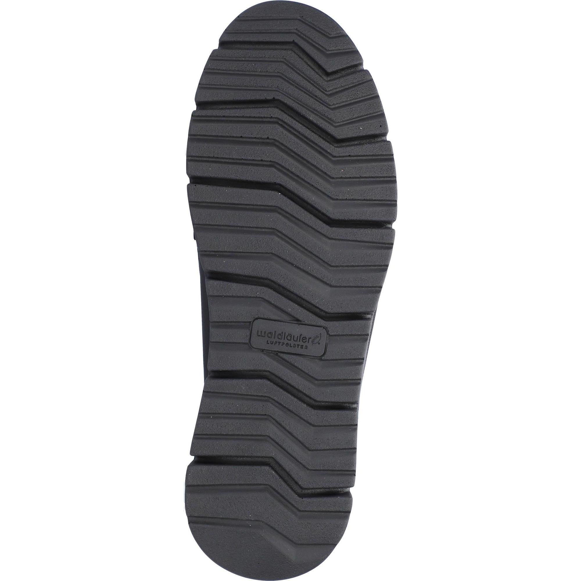 Waldlaufer H-Pina women's wide black leather slip-on shoes with arch support and rugged rubber outsole.