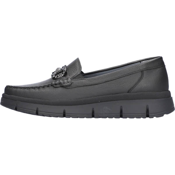 Waldlaufer H-Pina women's wide black leather slip-on shoe with arch support and decorative buckle.
