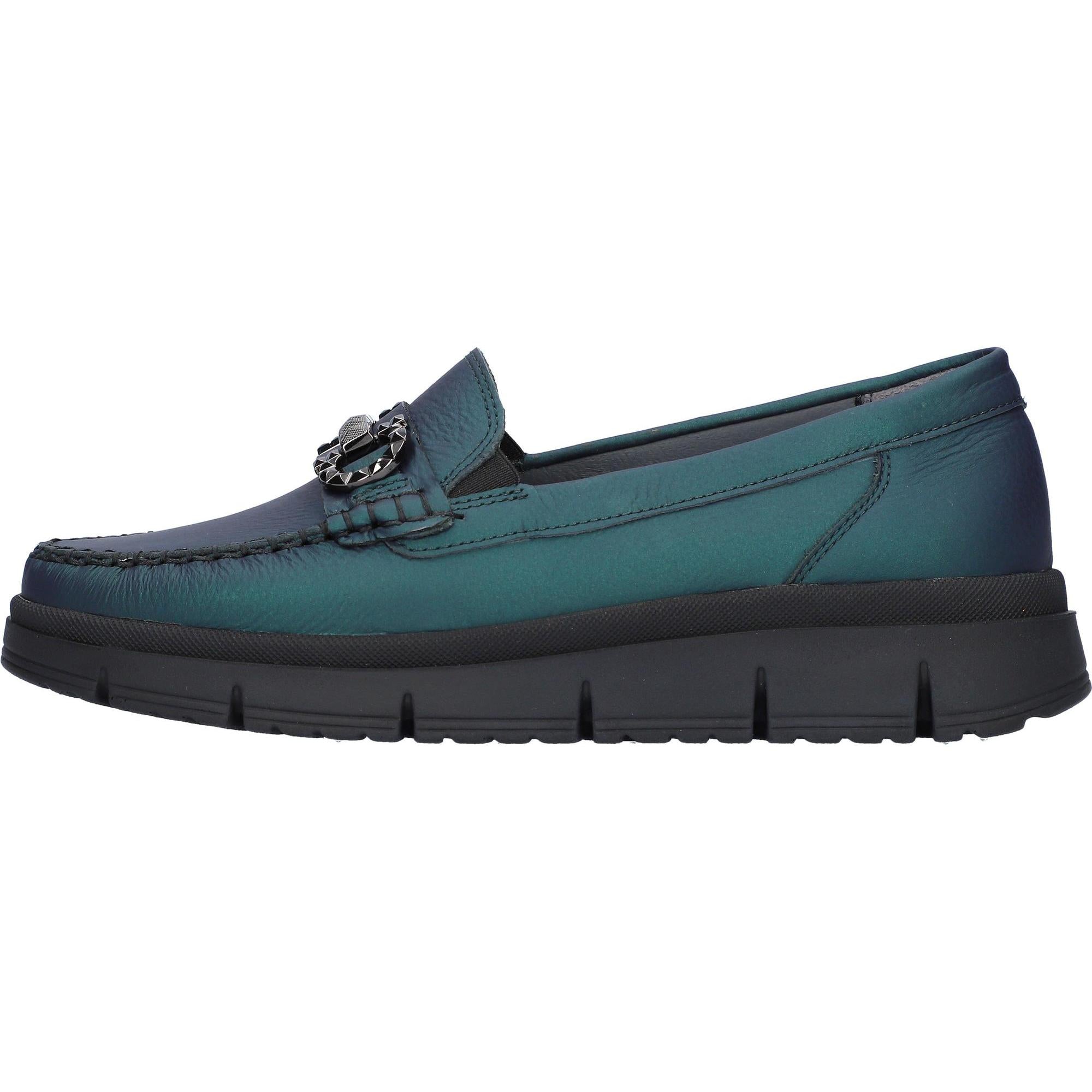 Waldlaufer H-Pina women's wide fit blue leather slip-on shoes with arch support and chunky black sole.
