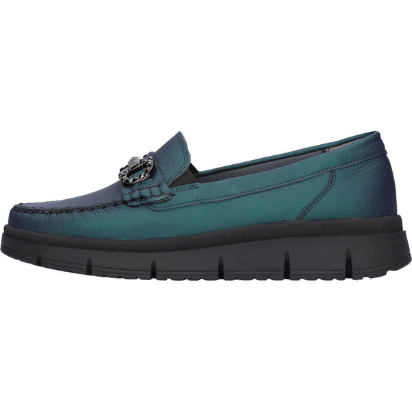 Waldlaufer H-Pina women's wide fit blue leather slip-on shoes with arch support and chunky black sole.
