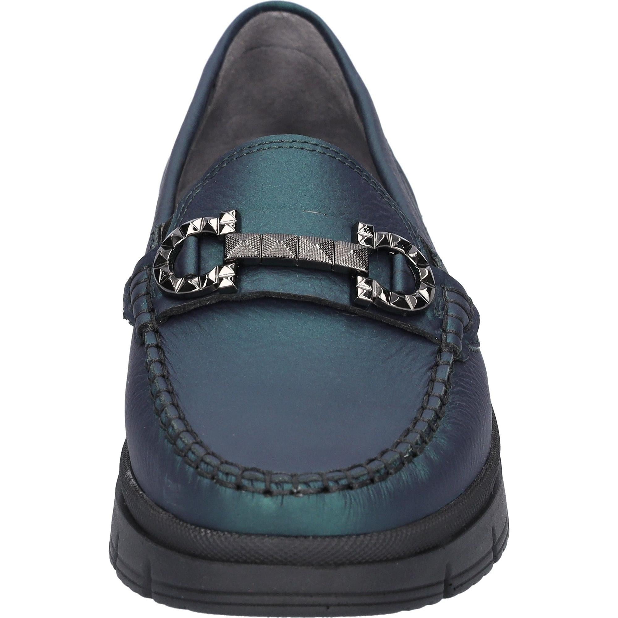 Waldlaufer H-Pina women's wide blue leather slip-on shoes with arch support and decorative metal buckle detail.