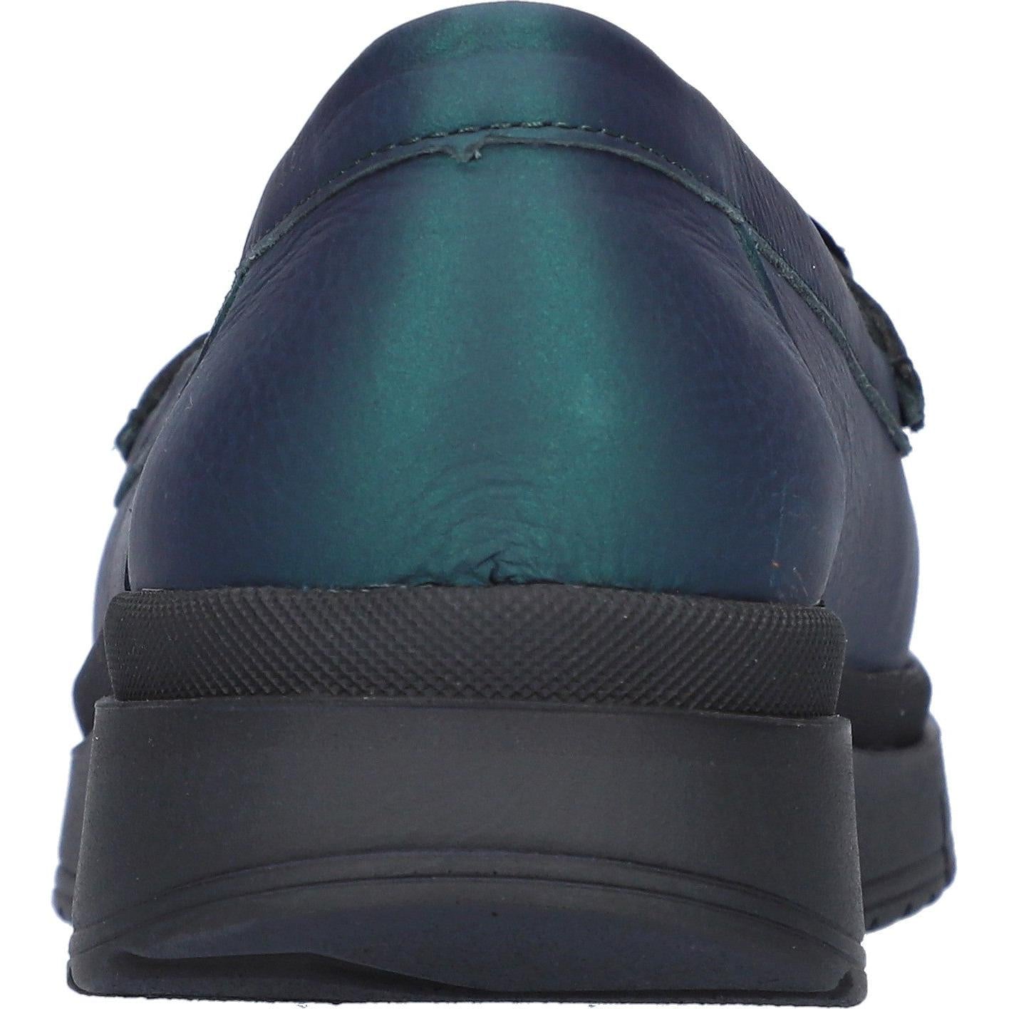 Waldlaufer H-Pina ladies wide-fit blue leather slip-on shoes with arch support and chunky sole.