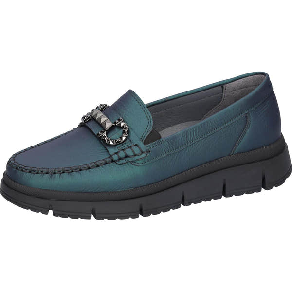 Waldlaufer H-Pina women's wide blue leather slip-on shoes with arch support and decorative buckle detail.