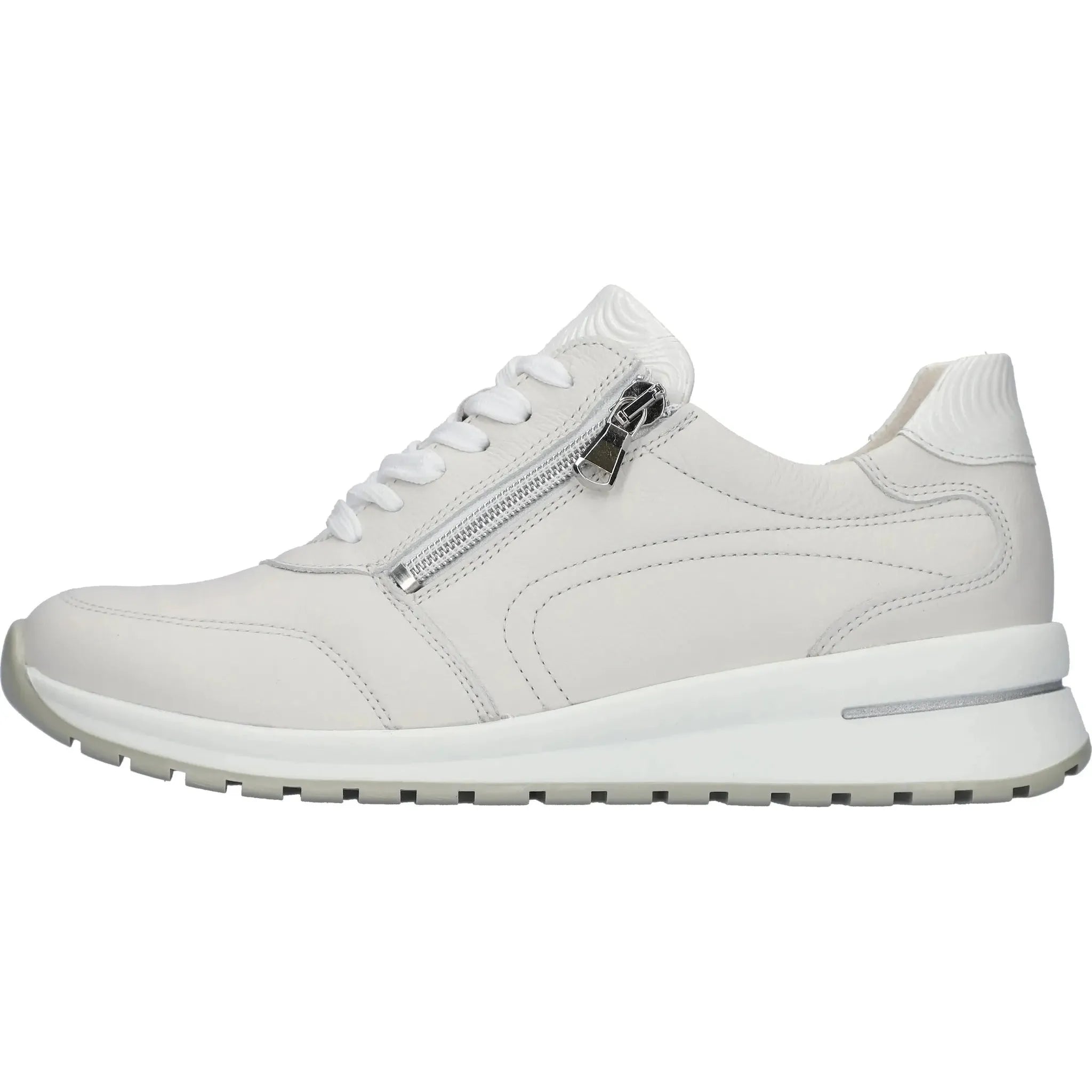 Alt text: White Waldlaufer H-Inessa ladies' wide leather trainer with arch support, zip and lace fastening, leather upper, and chunky sole.