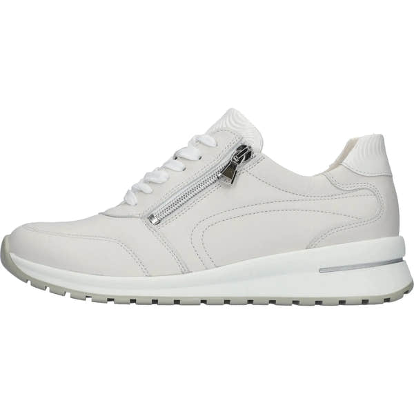 Alt text: White Waldlaufer H-Inessa ladies' wide leather trainer with arch support, zip and lace fastening, leather upper, and chunky sole.