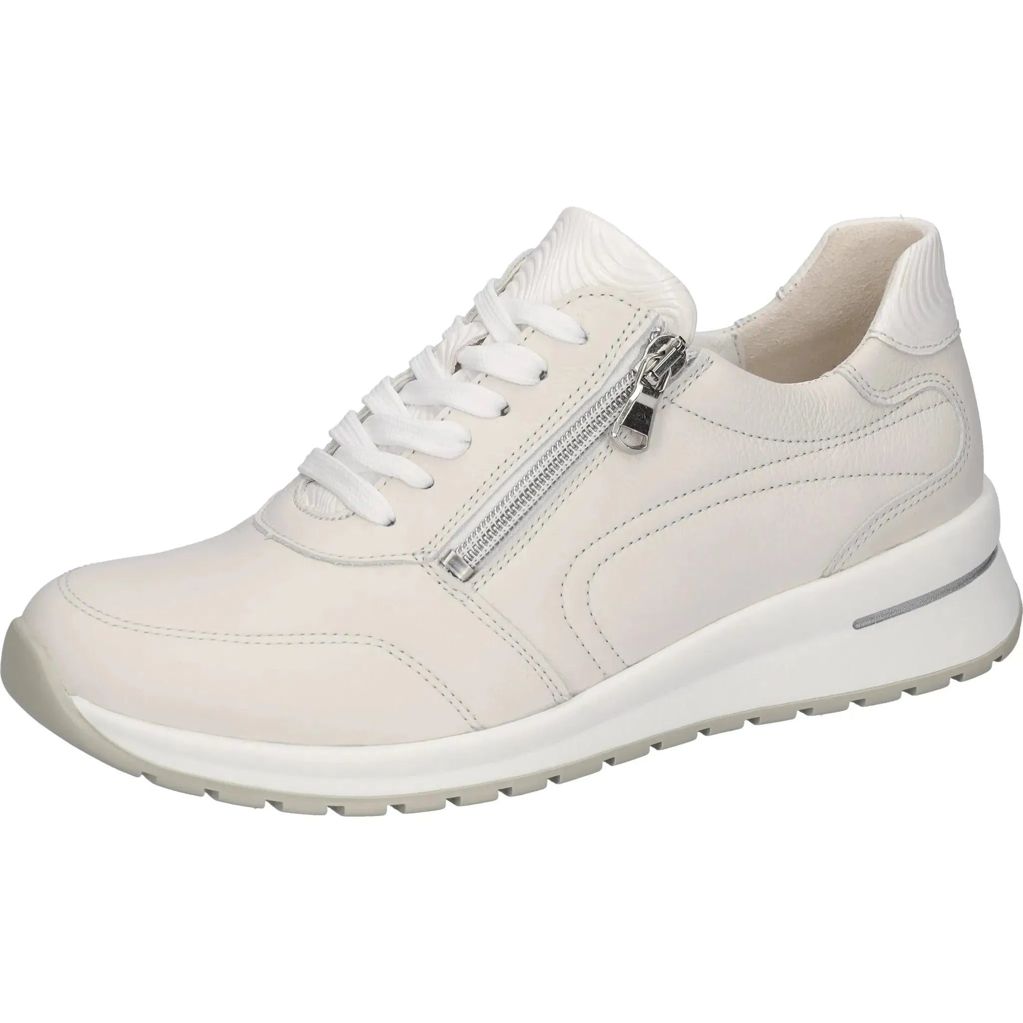 Alt text: White leather Ladies Wide Trainer with arch support, zip and lace closure, and chunky rubber sole.