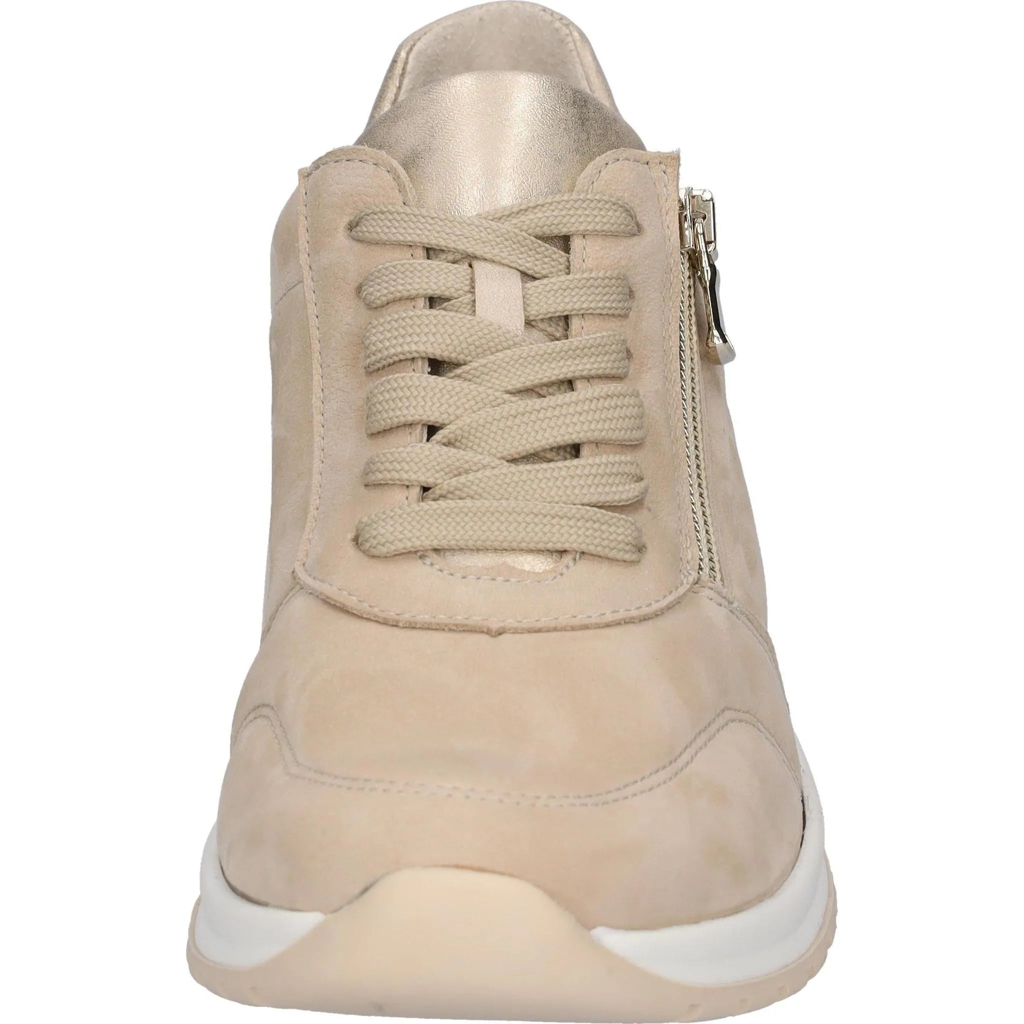 Waldlaufer Ladies Wide Beige Leather Trainers with Zip & Lace, Arch Support, and Casual Comfort, front view.