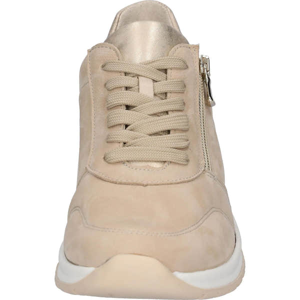 Waldlaufer Ladies Wide Beige Leather Trainers with Zip & Lace, Arch Support, and Casual Comfort, front view.