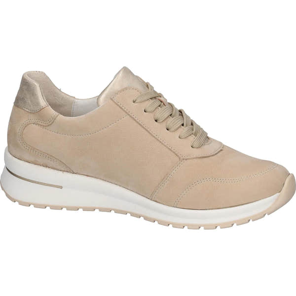 Waldlaufer H-Inessa women's beige leather trainers with zip, lace-up, arch support, wide fit, casual active footwear.