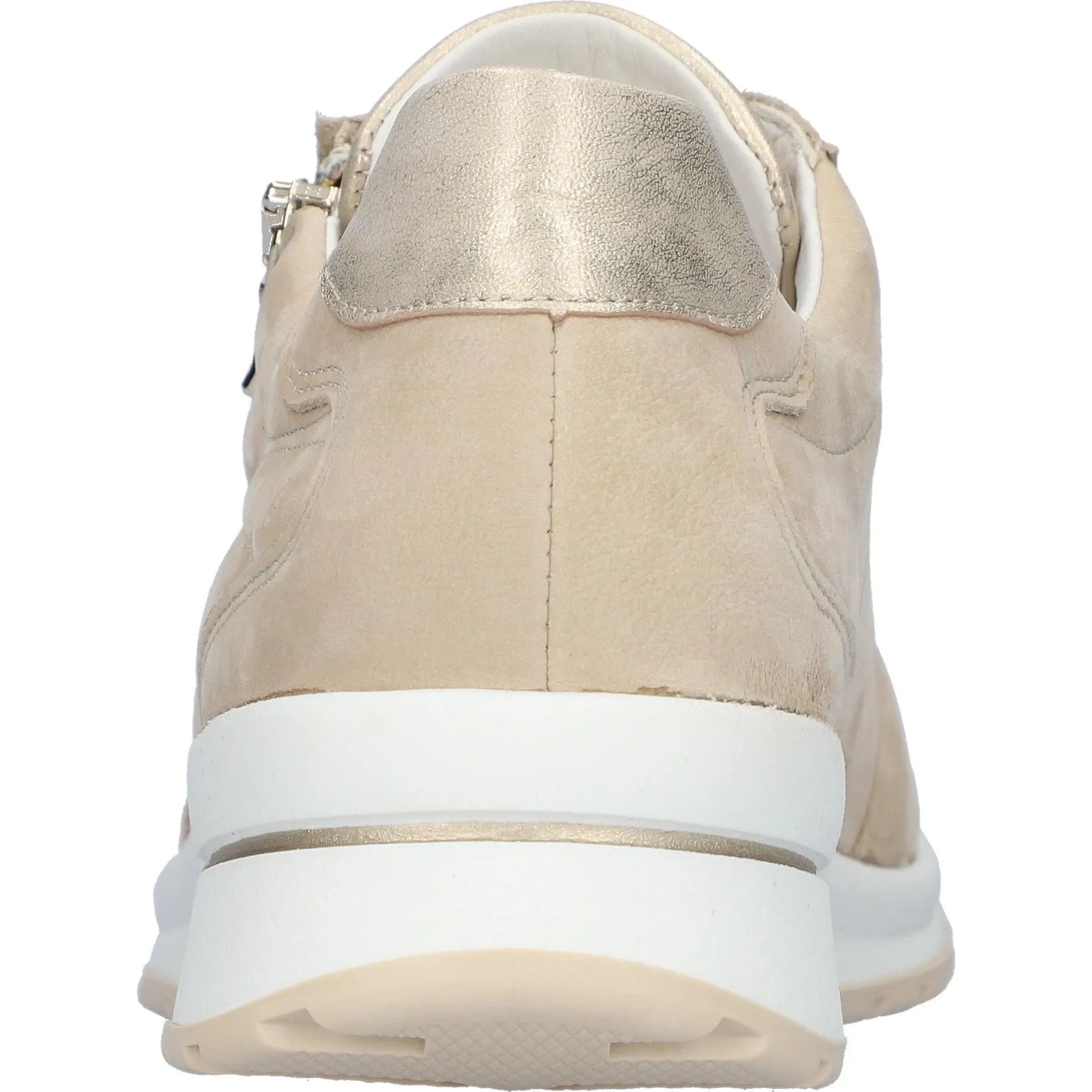 Waldlaufer H-Inessa beige leather women's wide-fit trainers with arch support, zip and lace fastening, back view.