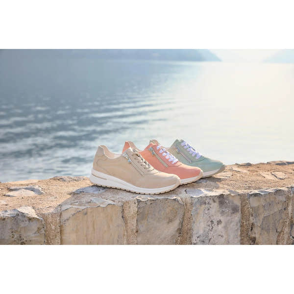 Waldlaufer H-Inessa women's wide beige, pink, and mint leather trainers with arch support, zip and lace closure, outdoor setting.