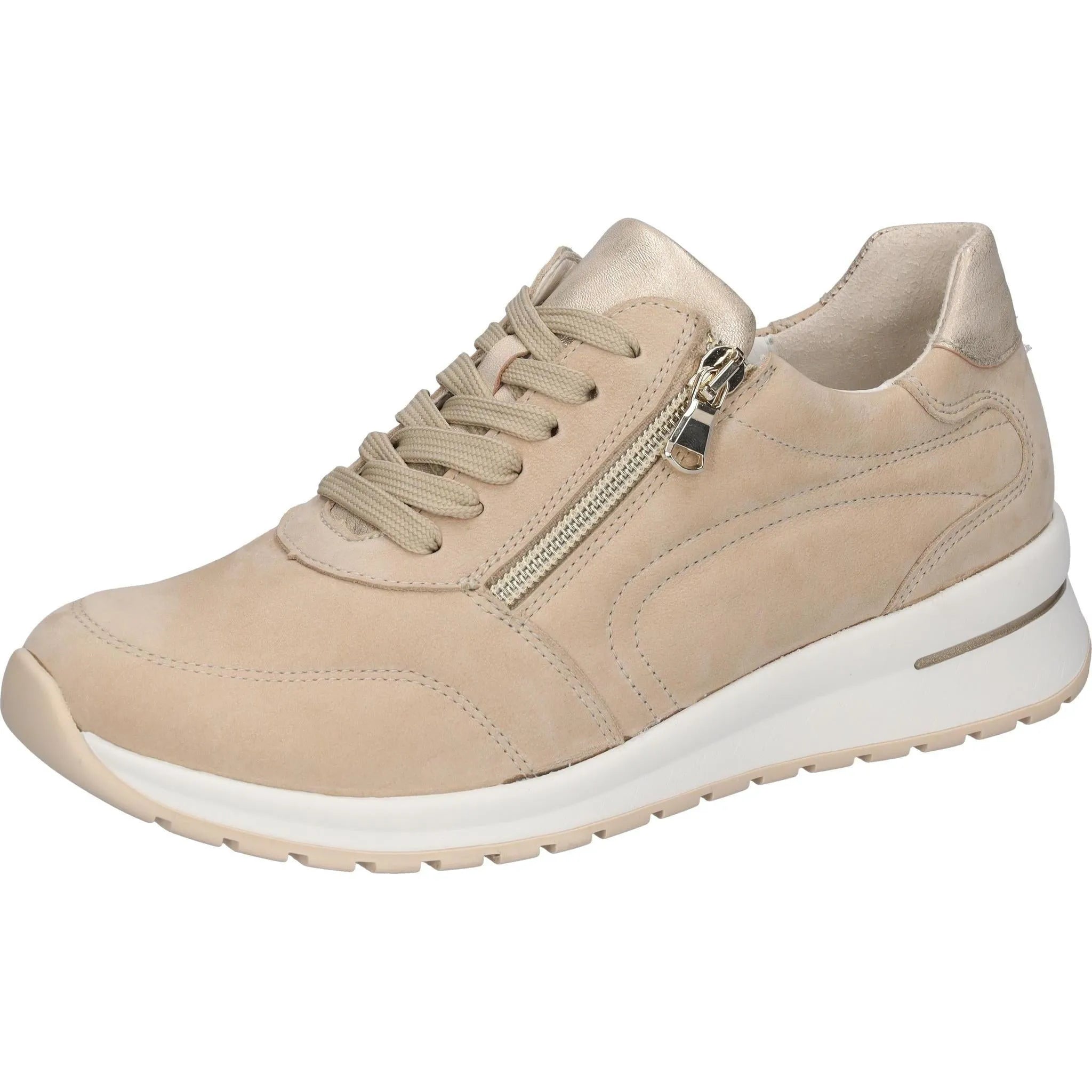 Waldlaufer 928002 H-Inessa beige leather ladies' sneaker with arch support, zipper and lace-up closure, and cushioned white sole.