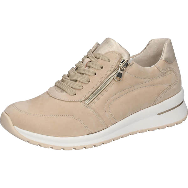 Waldlaufer 928002 H-Inessa beige leather ladies' sneaker with arch support, zipper and lace-up closure, and cushioned white sole.