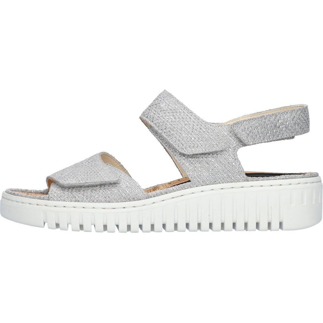 Waldlaufer 955001 100 211 H-Willow women's silver leather strap sandals with arch support and touch fastening, thick white sole.