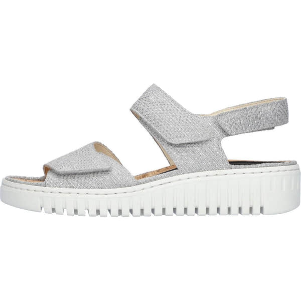 Waldlaufer 955001 100 211 H-Willow women's silver leather strap sandals with arch support and touch fastening, thick white sole.