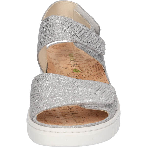 Waldlaufer women's wide silver leather slide sandals with arch support and touch fastening straps.