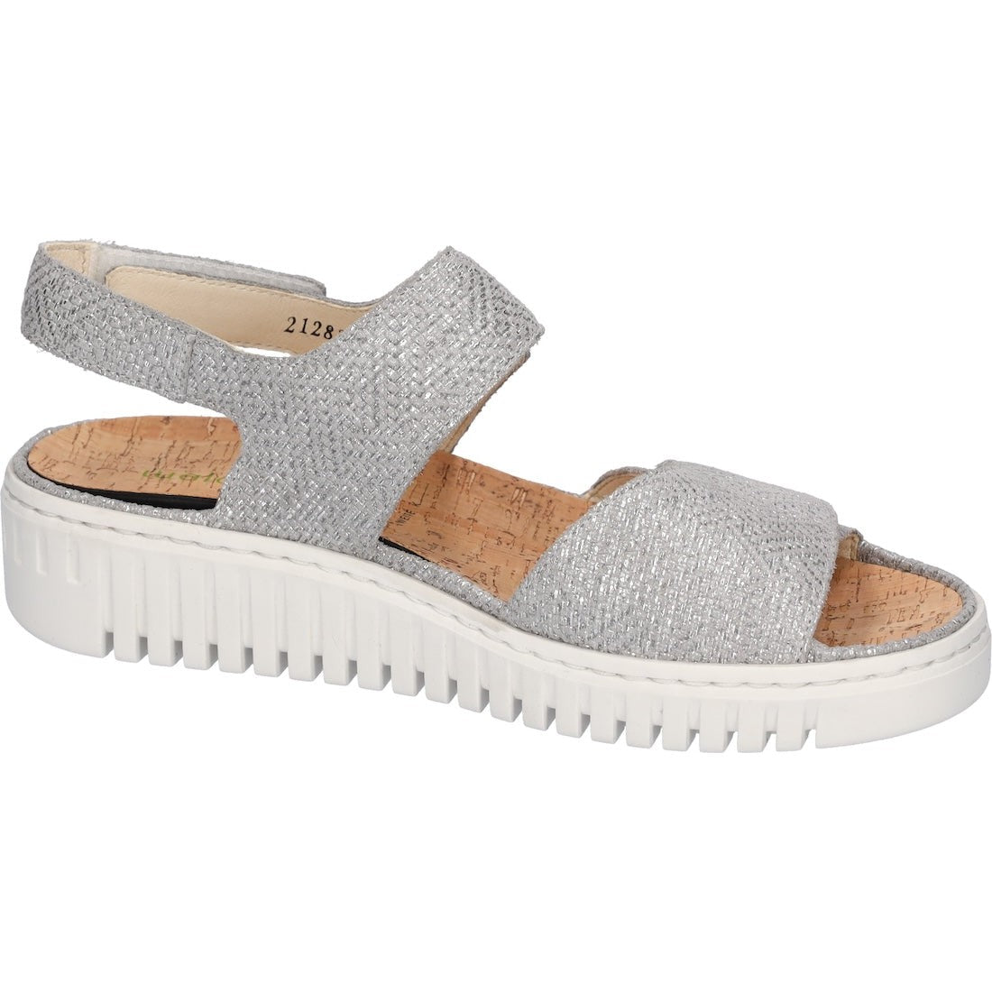 Waldlaufer ladies' silver leather arch support sandals with touch fastening straps and a chunky white sole.