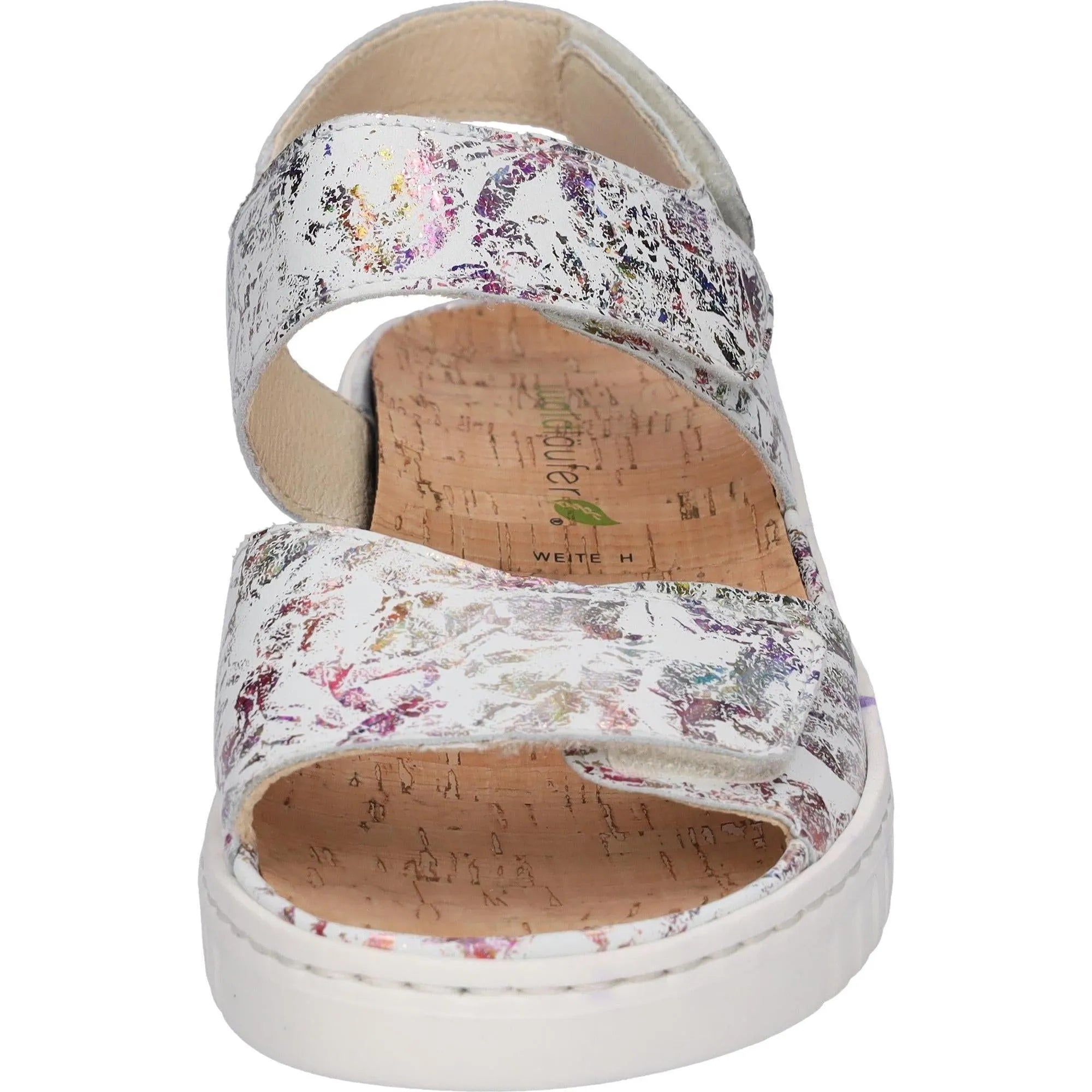 Waldlaufer 955001 Ladies wide white multi leather touch fastening arch support sandals with cork footbed.