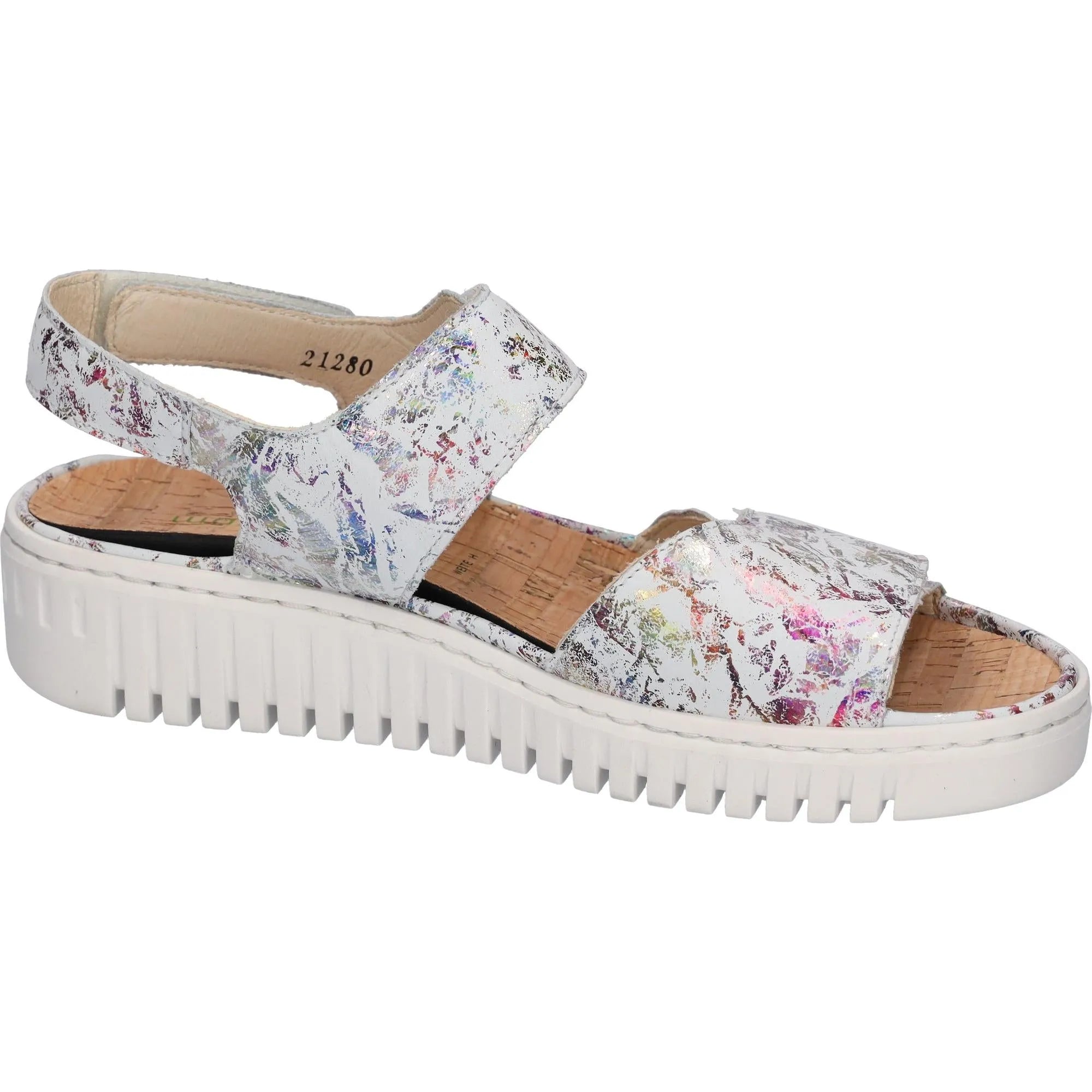 Waldlaufer ladies wide white multi leather arch support sandals with touch fastening straps and chunky sole.