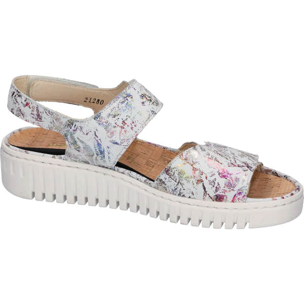 Waldlaufer ladies wide white multi leather arch support sandals with touch fastening straps and chunky sole.