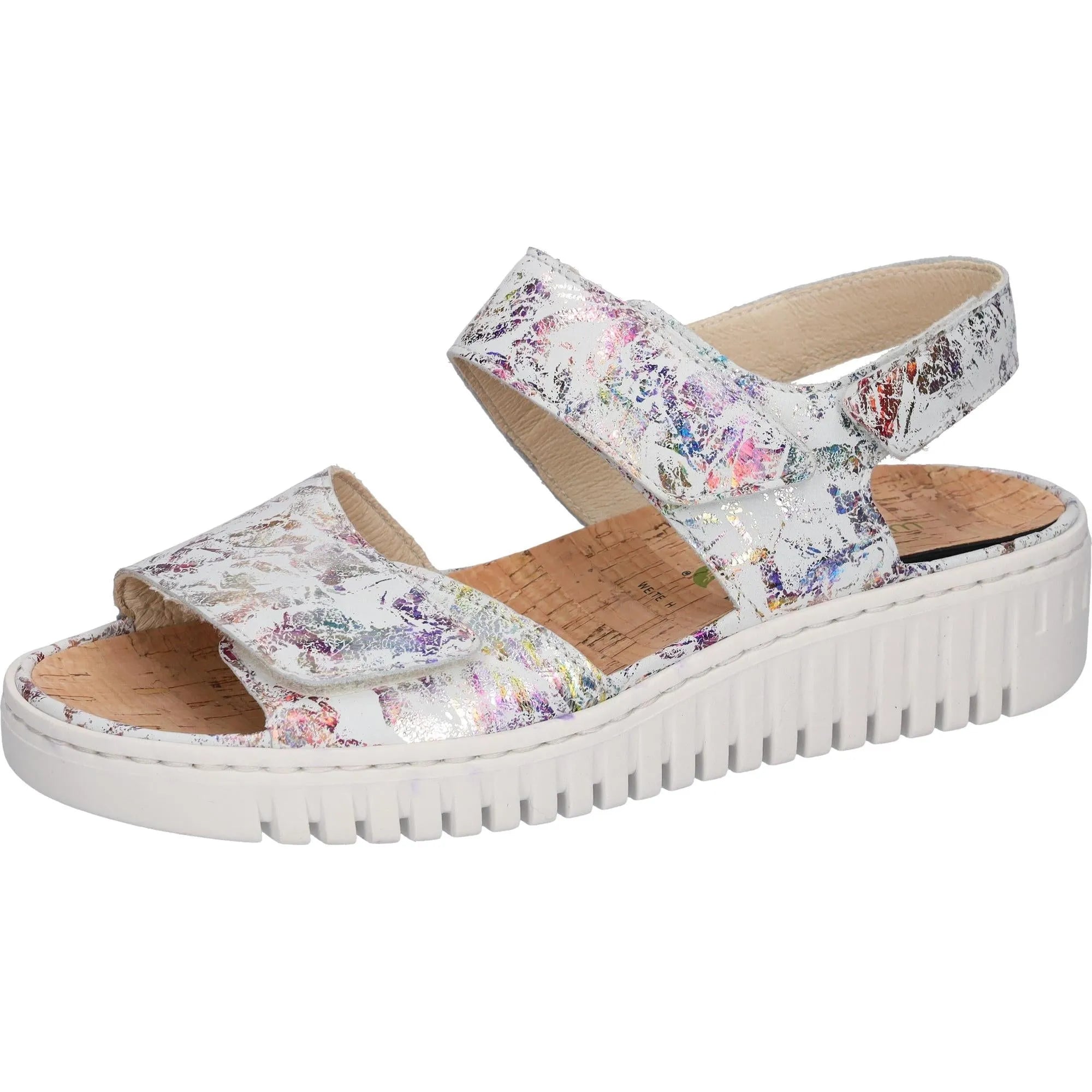 Waldlaufer 955001 Ladies white multi leather sandals with arch support and touch-fastening straps, cushioned cork footbed, platform sole.