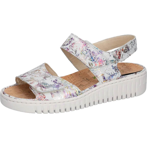Waldlaufer 955001 Ladies white multi leather sandals with arch support and touch-fastening straps, cushioned cork footbed, platform sole.